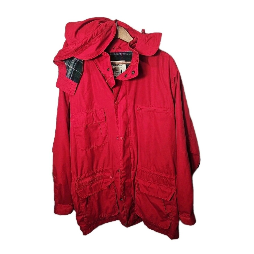 Vintage Eddie Bauer Wool Flannel Lined Parka Coat Mens Large Red Full Zip Snap